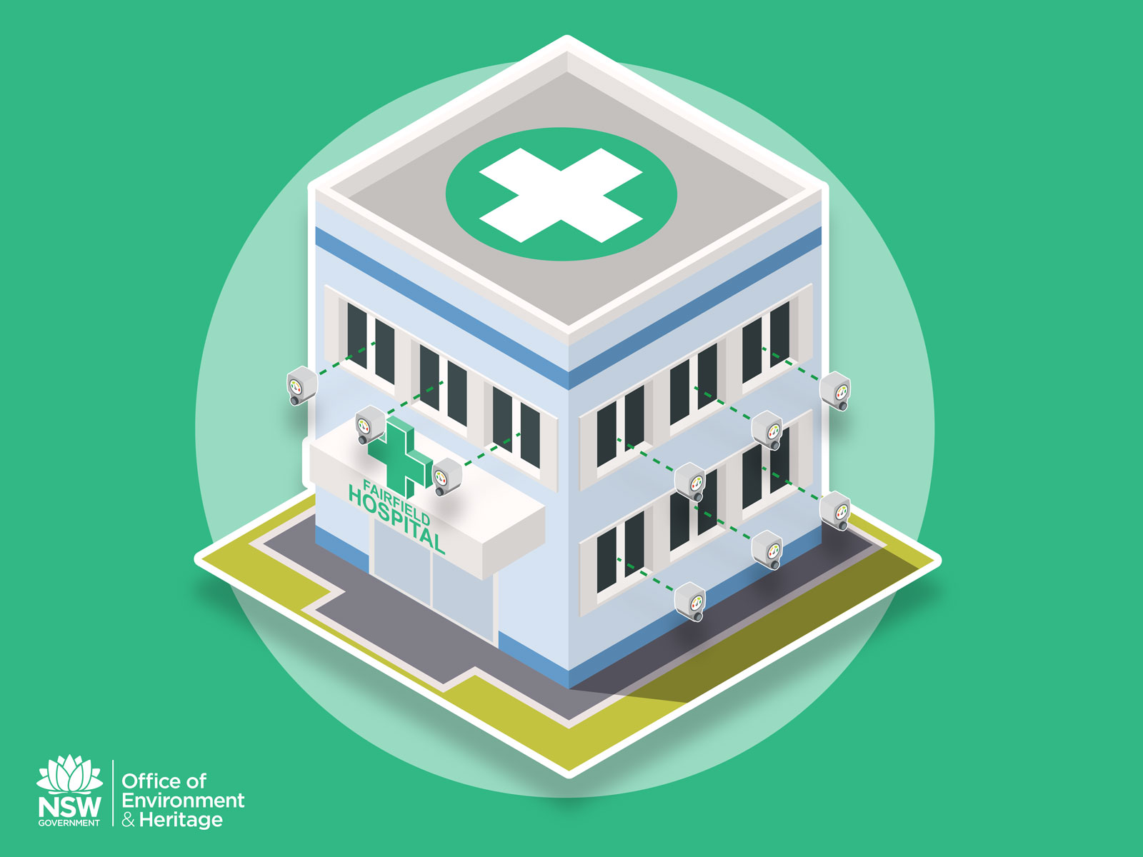 Clean colourful stylised Isometric hospital for Energy optimisation process infographic