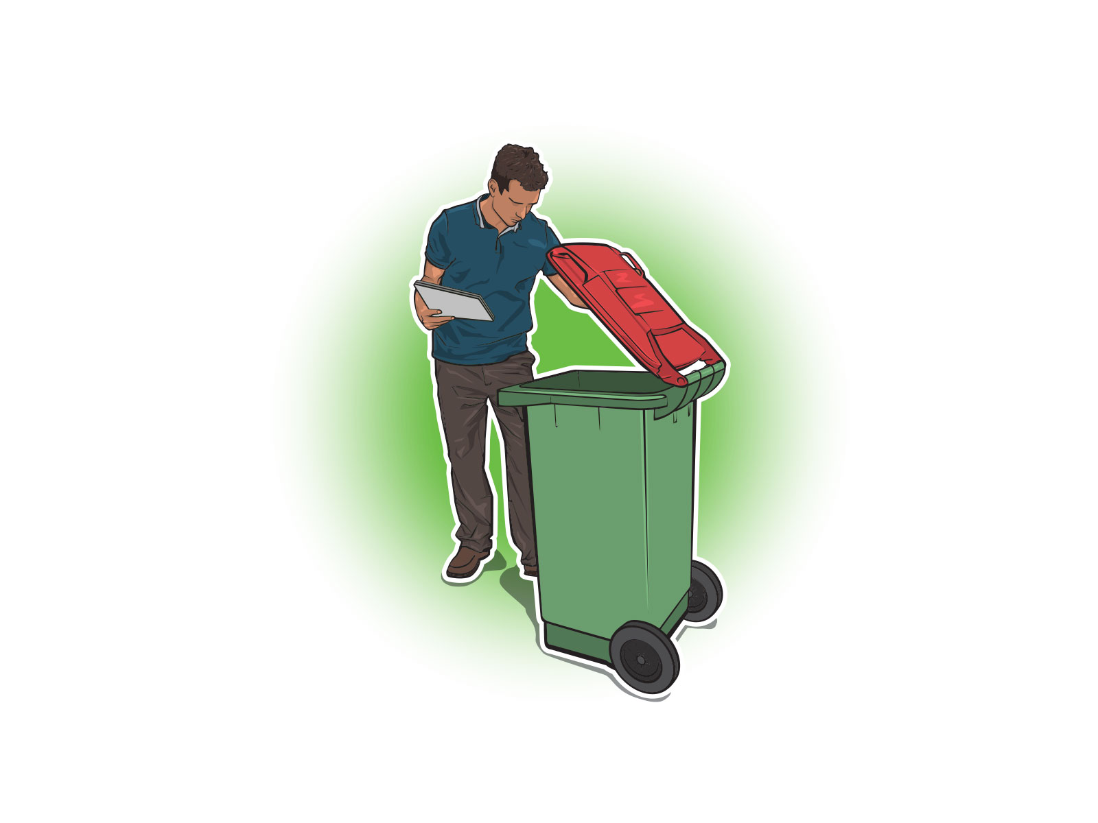 Stylised vector illustration of man inspecting red wheelie bin