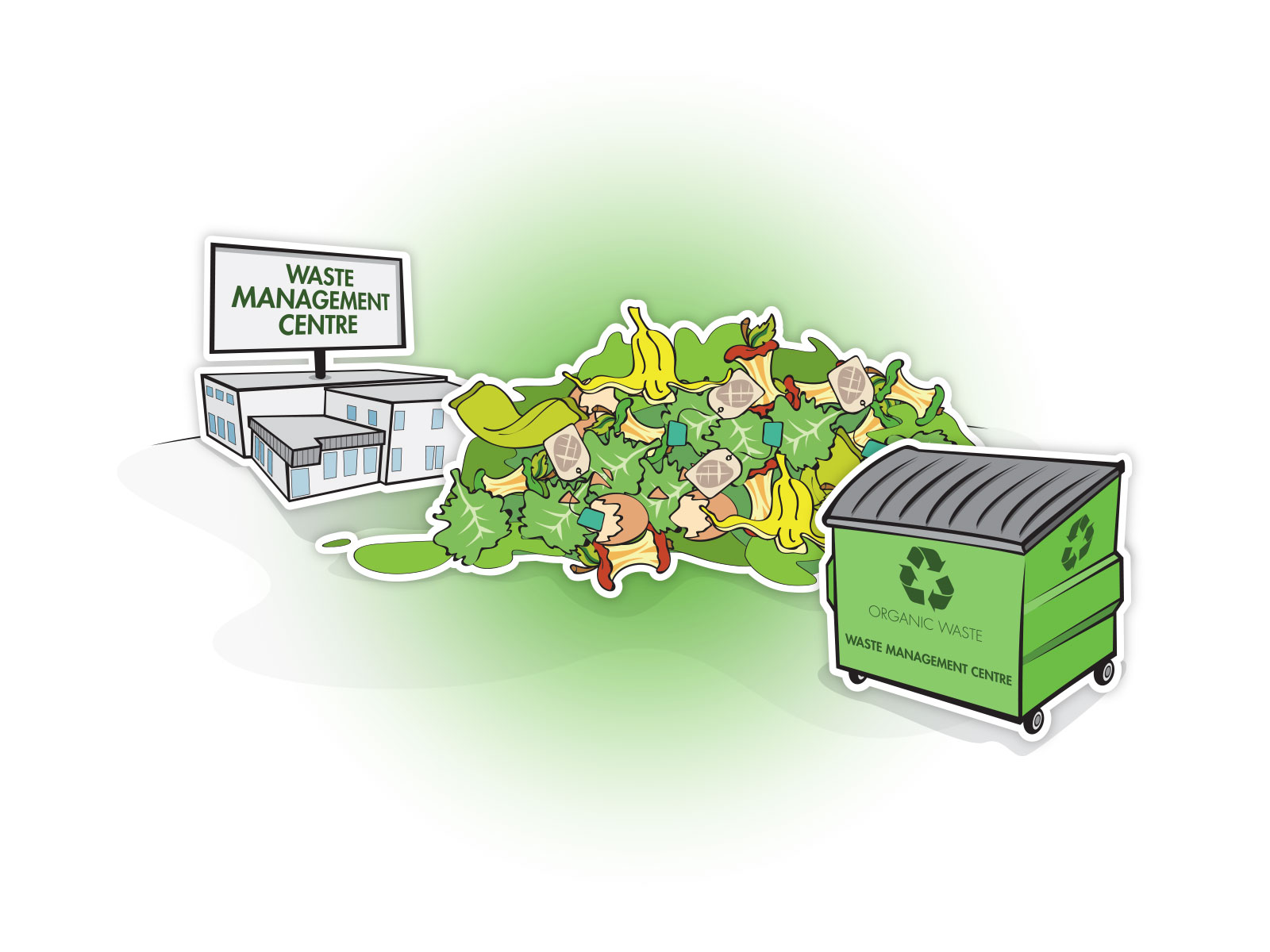 Stylised vector illustration of waste management centre with large skip