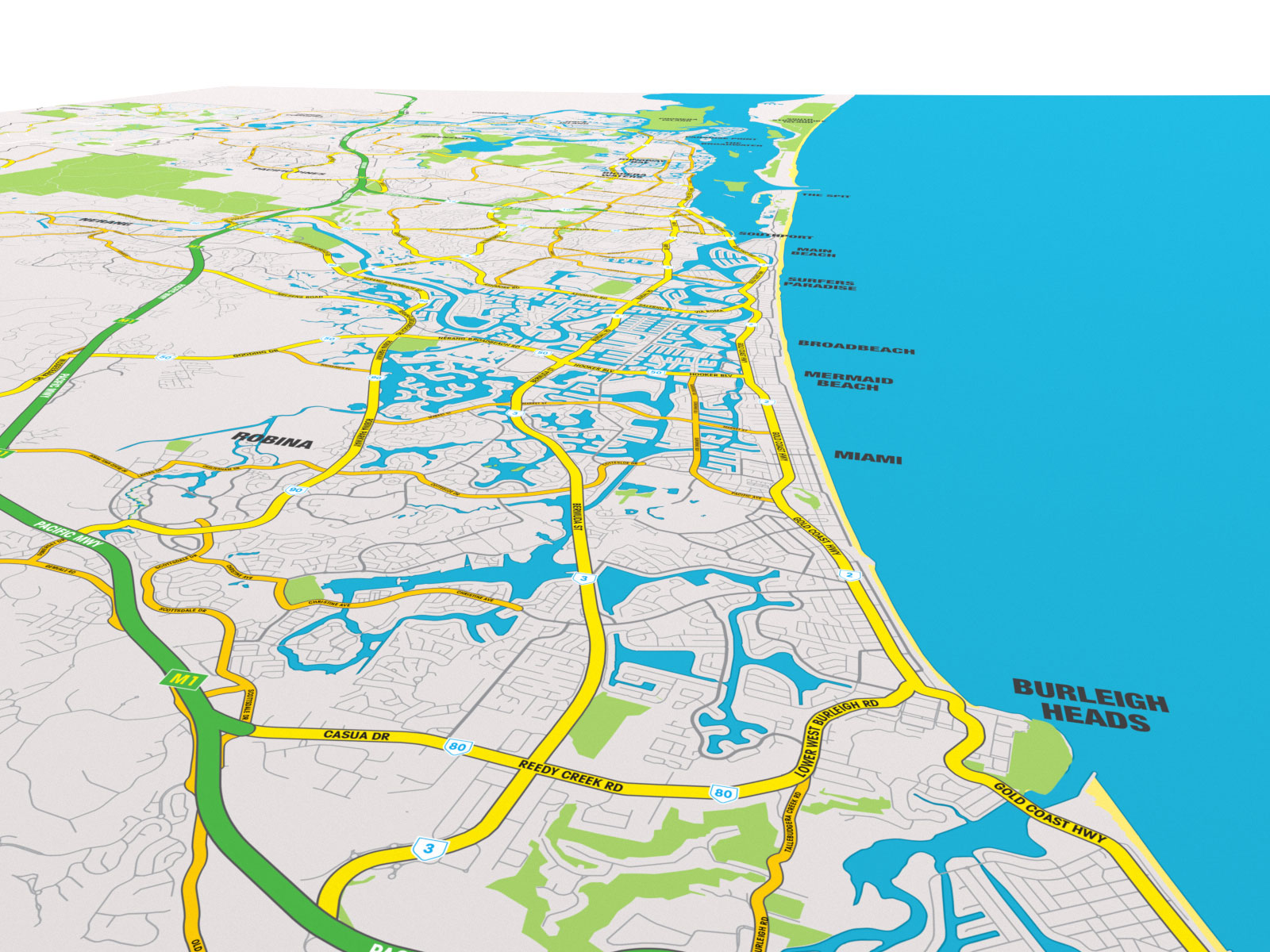 Burleigh Heads map of the gold coast birds eye view perspective