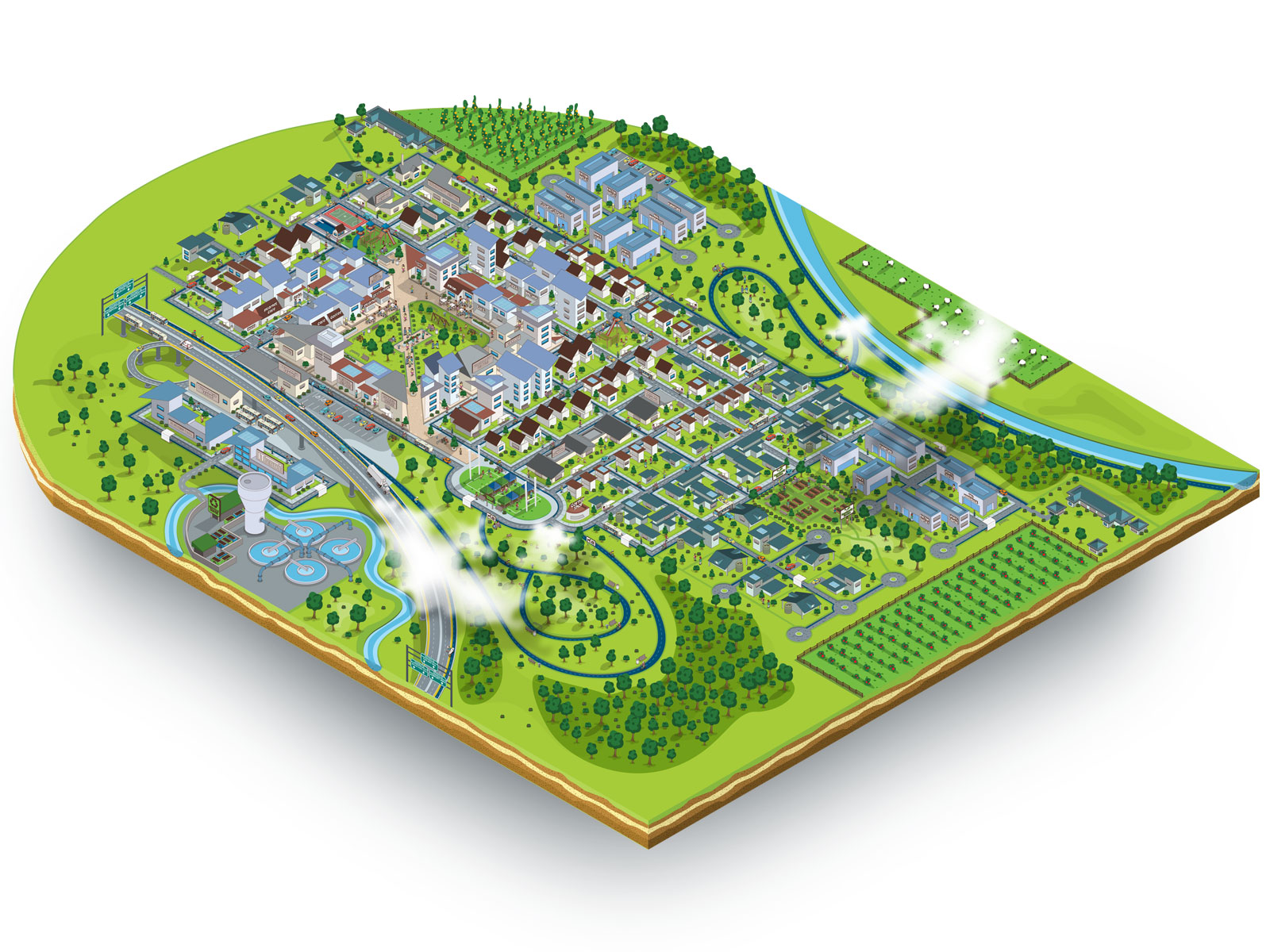 Colourful detailed isometric SIM City style vector town plan illustration