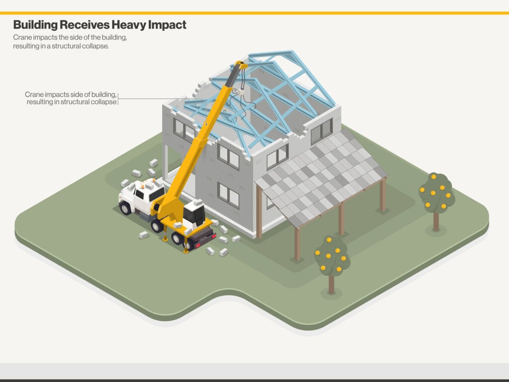 Isometric colour illustration showing the dangers of getting too close to structure with a crane, after impact | Doug Illustration