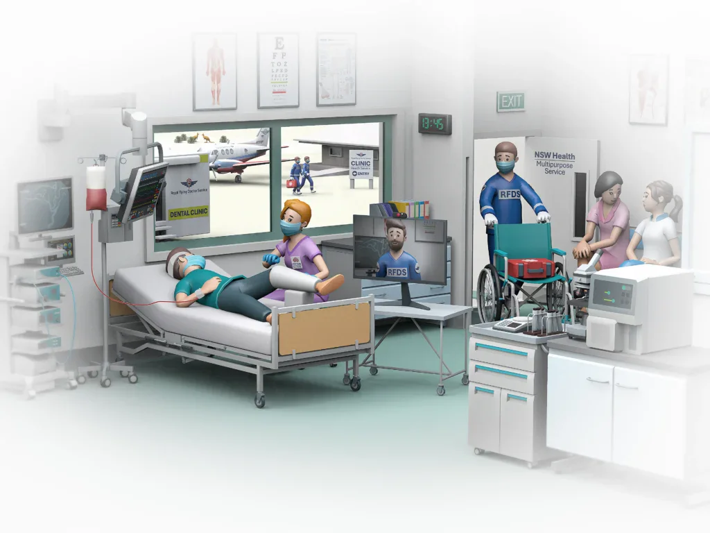 3D illustration of healthcare in a remote community, showing a patient receiving treatment, a telehealth screen and RFDS transport outside.